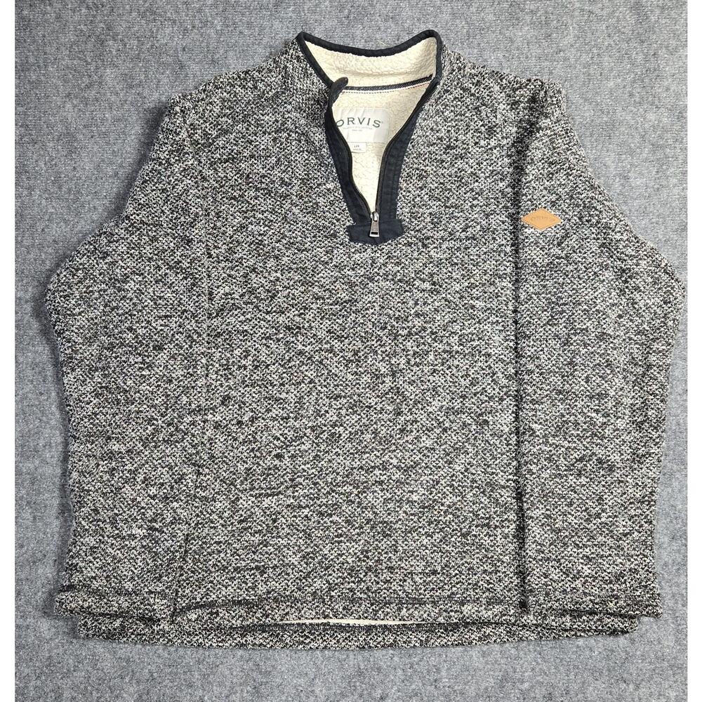 Orvis Men's Large 1/4 Zip Sherpa Lined Fleece Pullover Jacket Sweater Black Gray